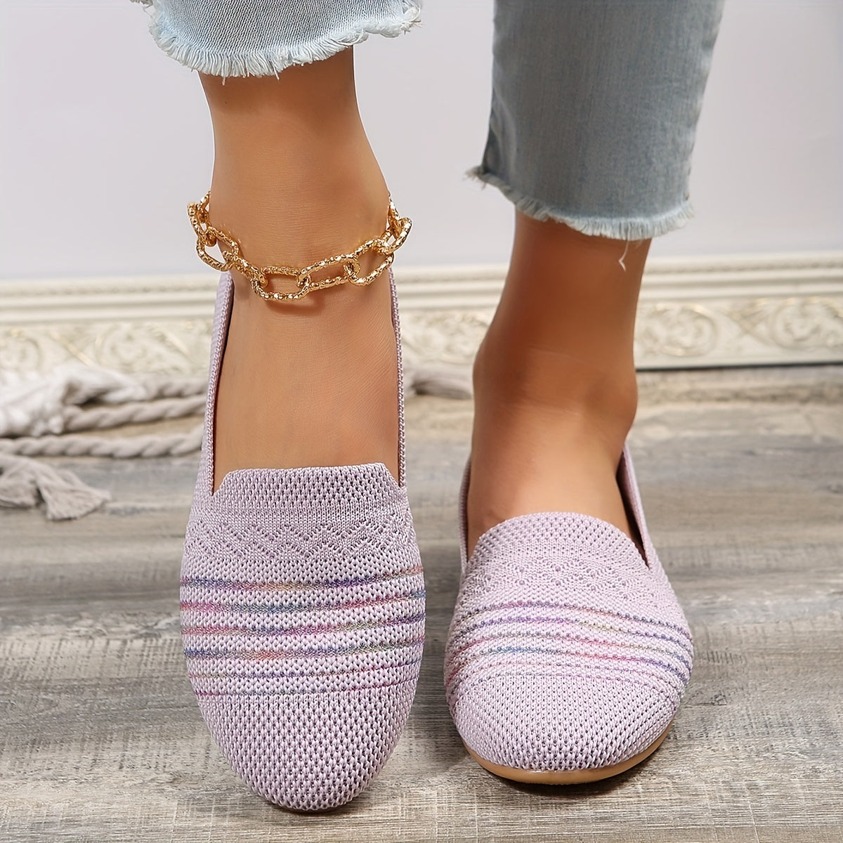 Women's Knitted Flat Shoes Almond Toe Slip On Soft Sole Casual Loafers