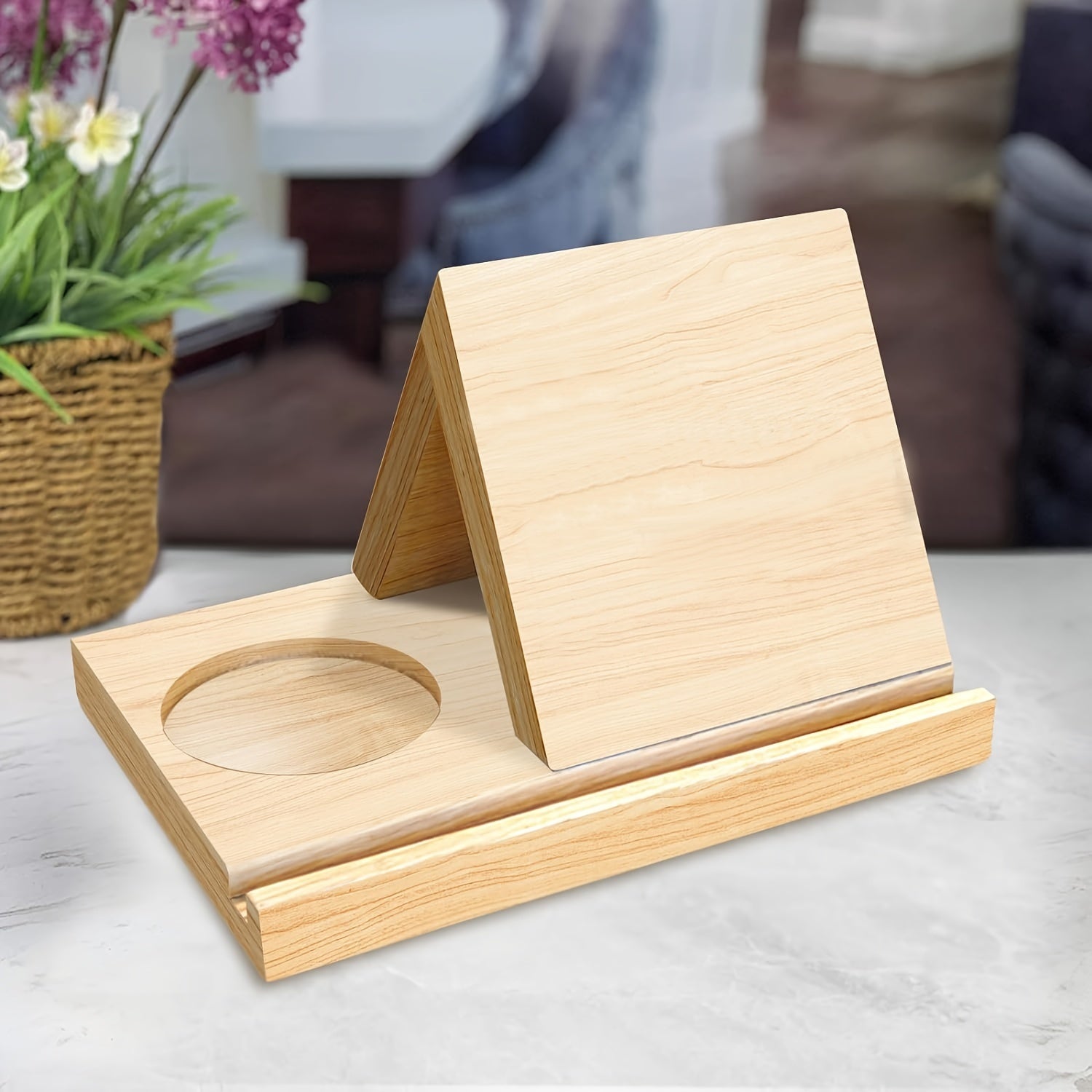 Wooden Triangle Book Stand with Cup Holder