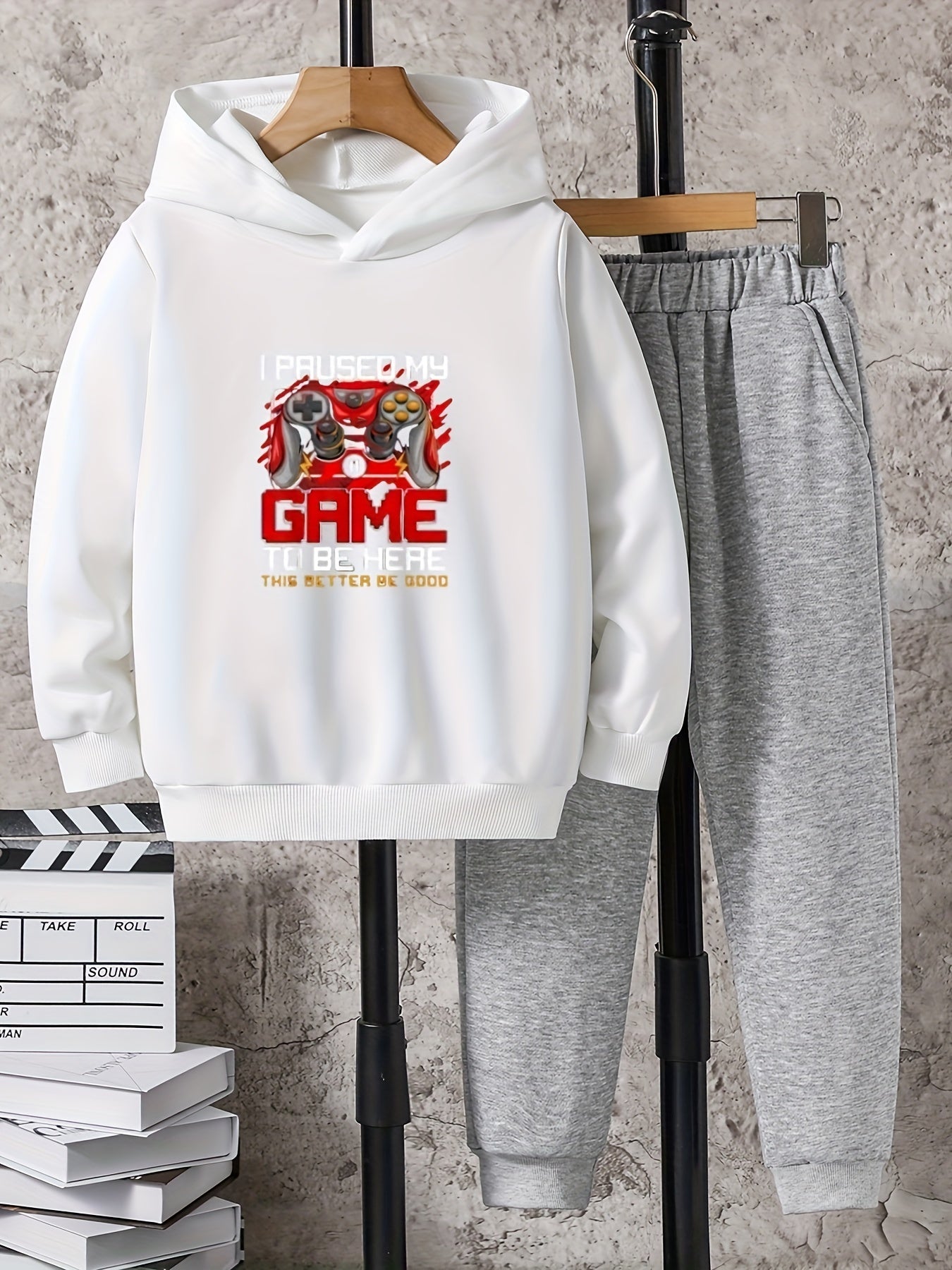 Boys Gamepad Print Hooded Sweatshirt & Sweatpants Set