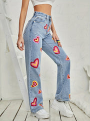 Heart Pattern High Waist Straight Jeans Slash Pockets Denim Pants