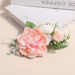 Floral Pink Hair Comb Green Leaves Wedding Bridal Hairstyle Photography Prop