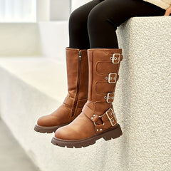 Girls Vintage Knee High Boots - Non Slip PU Leather - Geometric Design