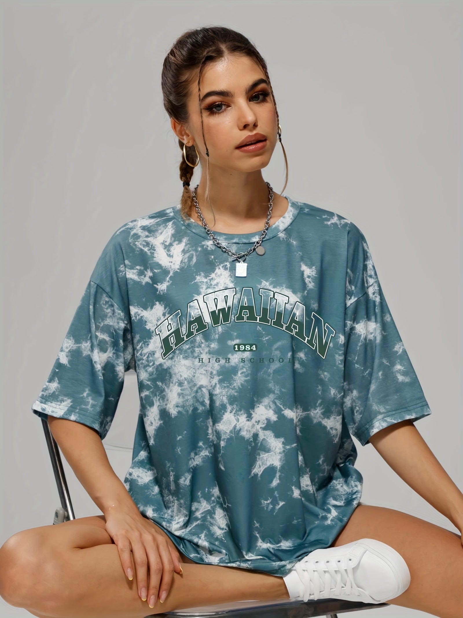 Women's Tie Dye Letter Graphic Tee Casual Loose Sports Crew Neck T shirt