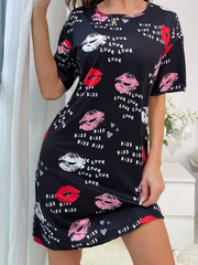 Lips & Letter Print NightDress Short Sleeve