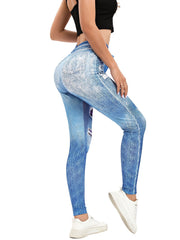 Denim Print High Waist Skinny Leggings Casual Stretchy Leggings