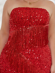 Solid Sequin Tassel Trim Midi Dress