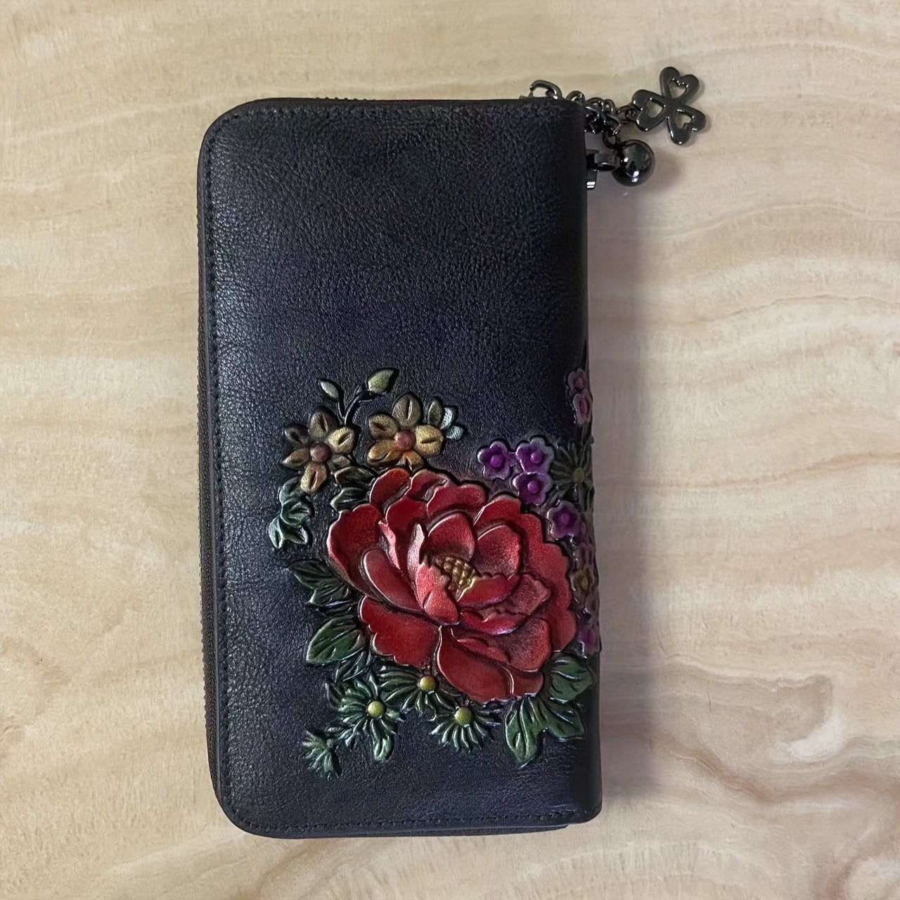 Floral Embossed Leather Wristlet Wallet for Women Zippered Clutch