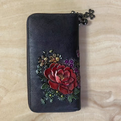Floral Embossed Leather Wristlet Wallet for Women Zippered Clutch