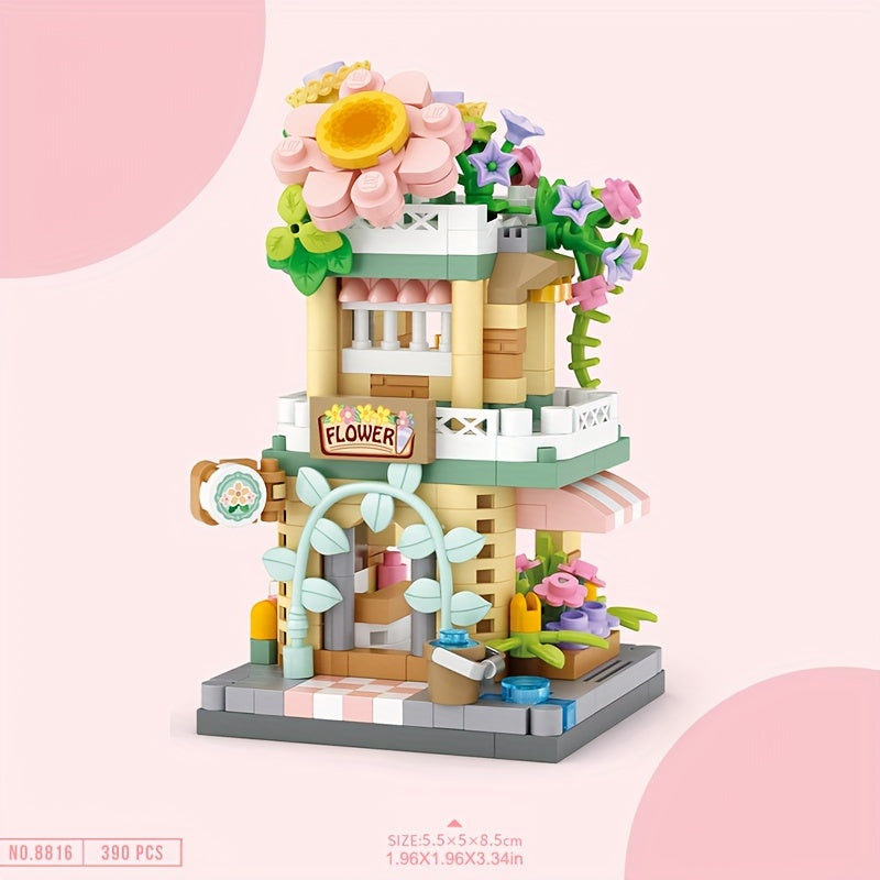 City Street View Building Block Set DIY Ice Cream Coffee Flower Shop Model Toy