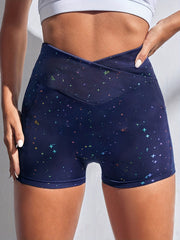 Star Print Cross Waist Yoga Shorts High Waist Running Workout Shorts