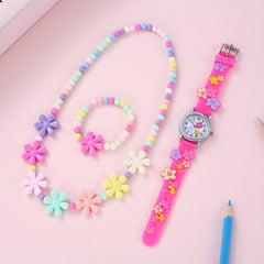Kids Flower Pattern Watch, Bracelet, Necklace Set