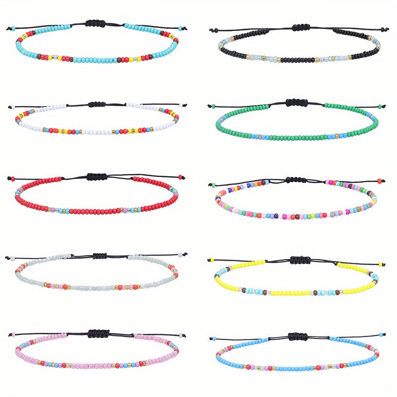 10pcs Colorful Rice Beads Anklet Set Boho Style Bracelet for Women