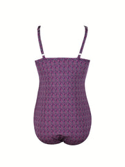 Geometric Print V Neck Tummy Control One Piece Swimsuit