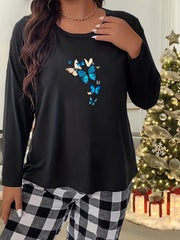 Women's Plus Butterfly Print Long Sleeve Crew Neck Home Wear Tee