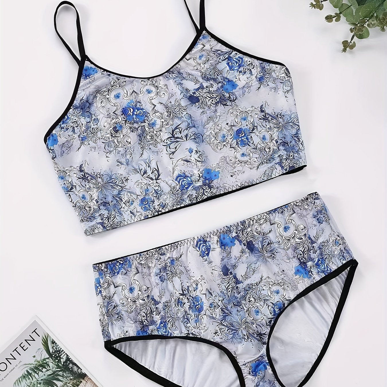 Plus Size Chinoiserie Print Underwear Set