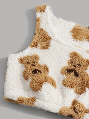 Bear Print Lounge Set Crew Neck Tank & Fuzzy Shorts Women's Loungewear