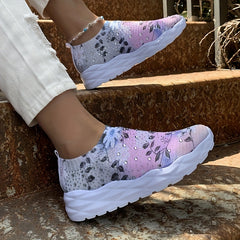 Floral Print Sock Sneakers Rhinestone Low Top Slip On Shoes