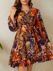 Floral Print Lantern Sleeve V Neck Mini Dress With Belt