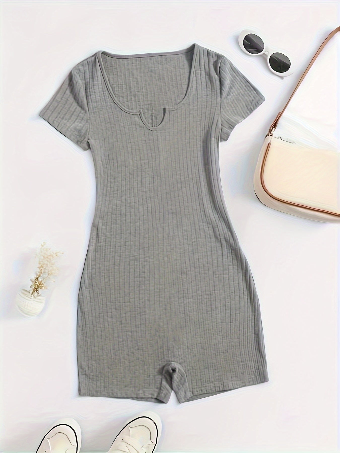 Ribbed Pajama Romper Short Sleeve V Neck Pajamas Women's Lingerie