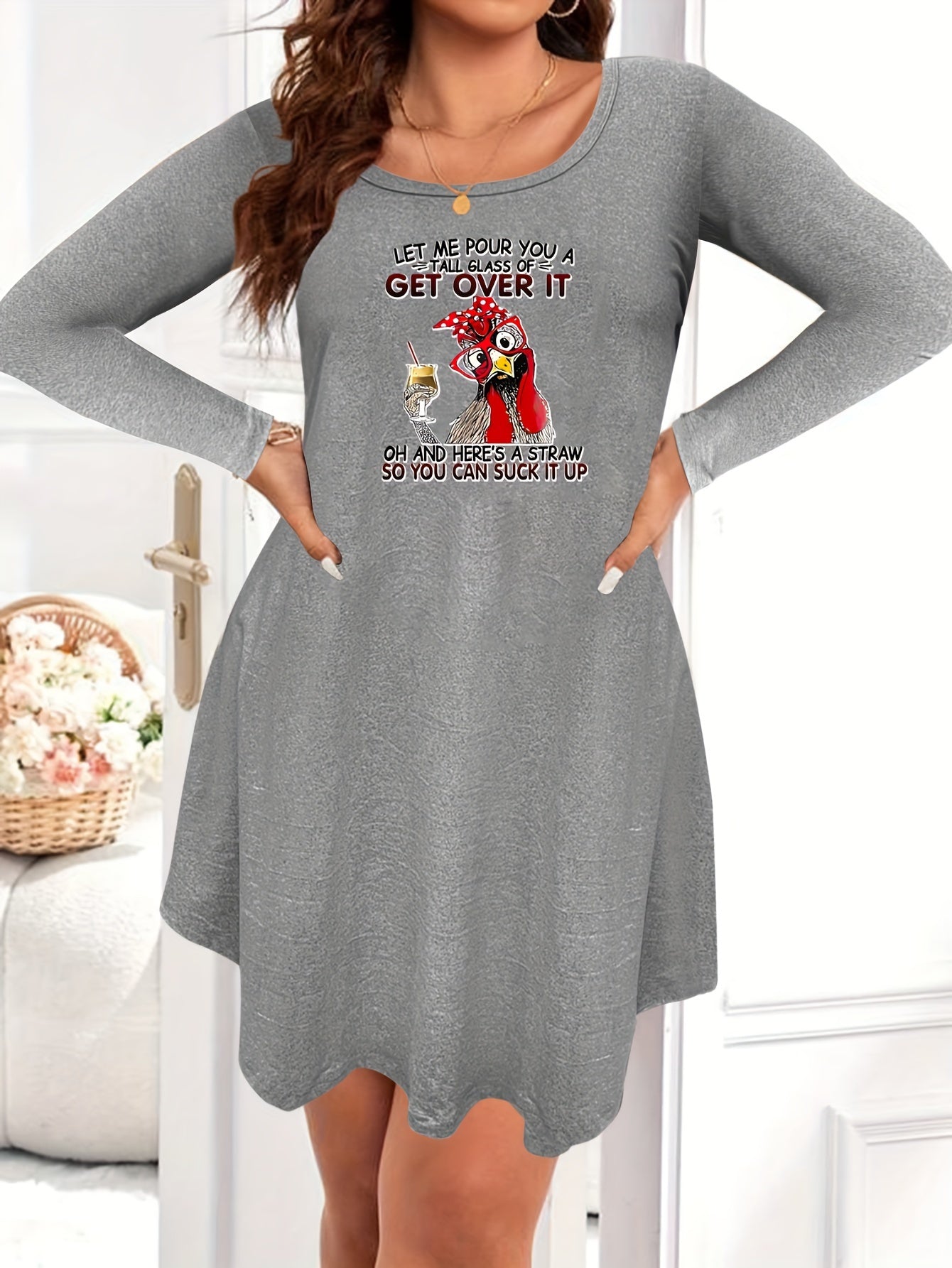 Plus Size Nightdress Funny Rooster Print Long Sleeve Sleep Dress
