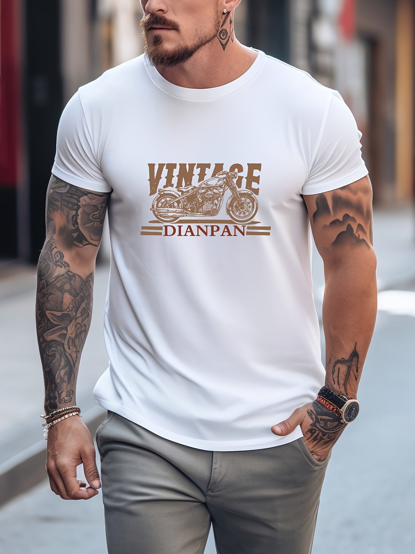 Vintage Motorcycle Print Men's Graphic Crew Neck Active T-shirt