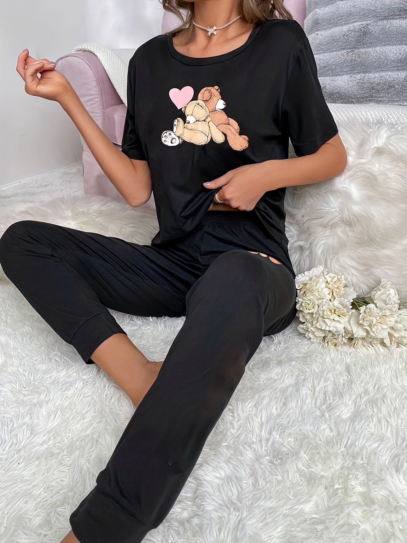 Bear Print Pajama Set Short Sleeve Crew Neck Top & Pants