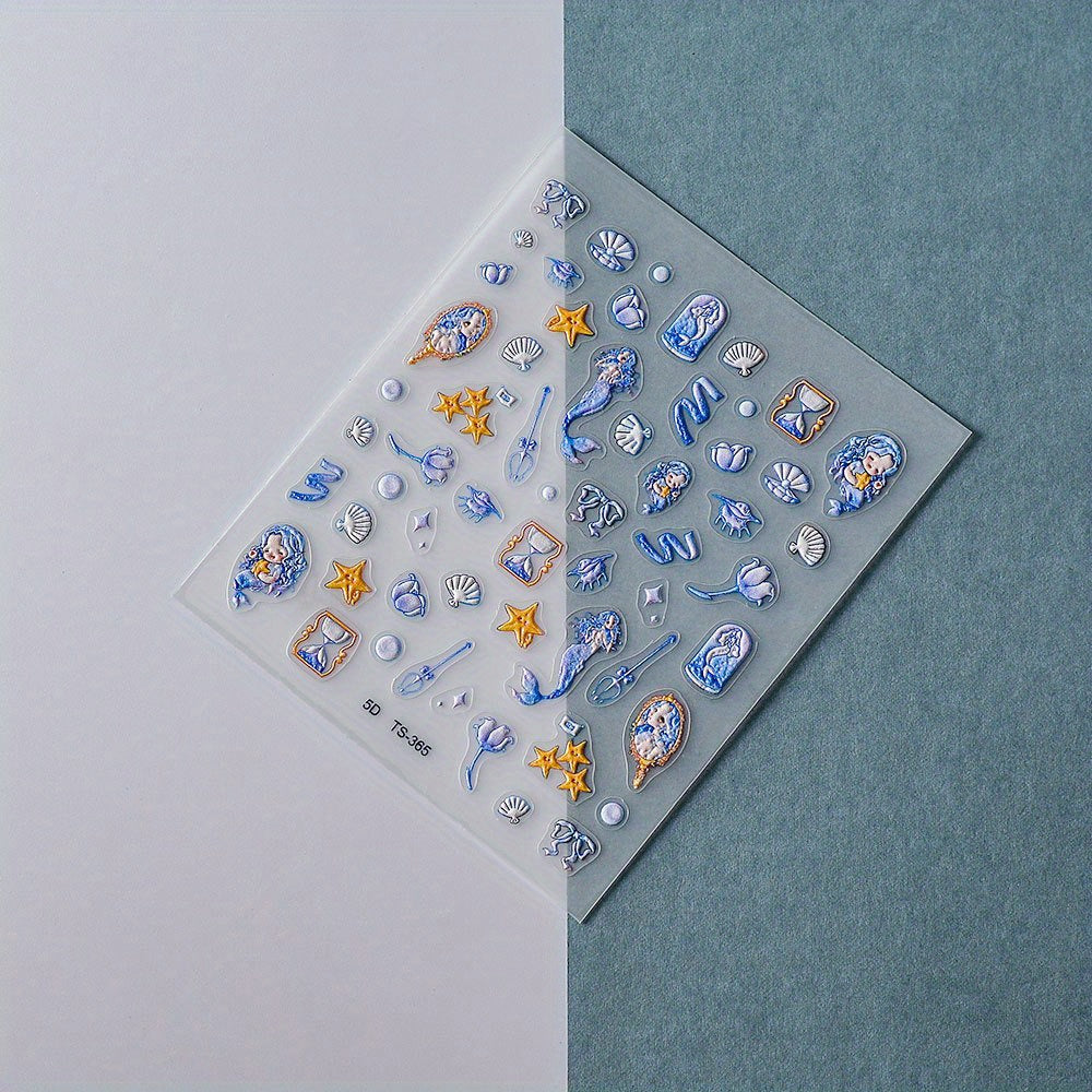 5D Embossed Mermaid Nail Art Stickers Self Adhesive Shell Decals