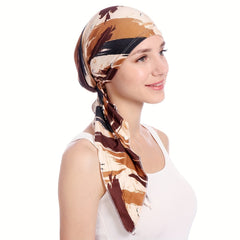 Stripe Leaf Print Bonnet Silk Head Wrap Boho Turban Soft Head Scarf