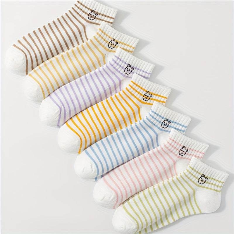 7 Pairs Cartoon Bear & Striped Crew Women's Socks