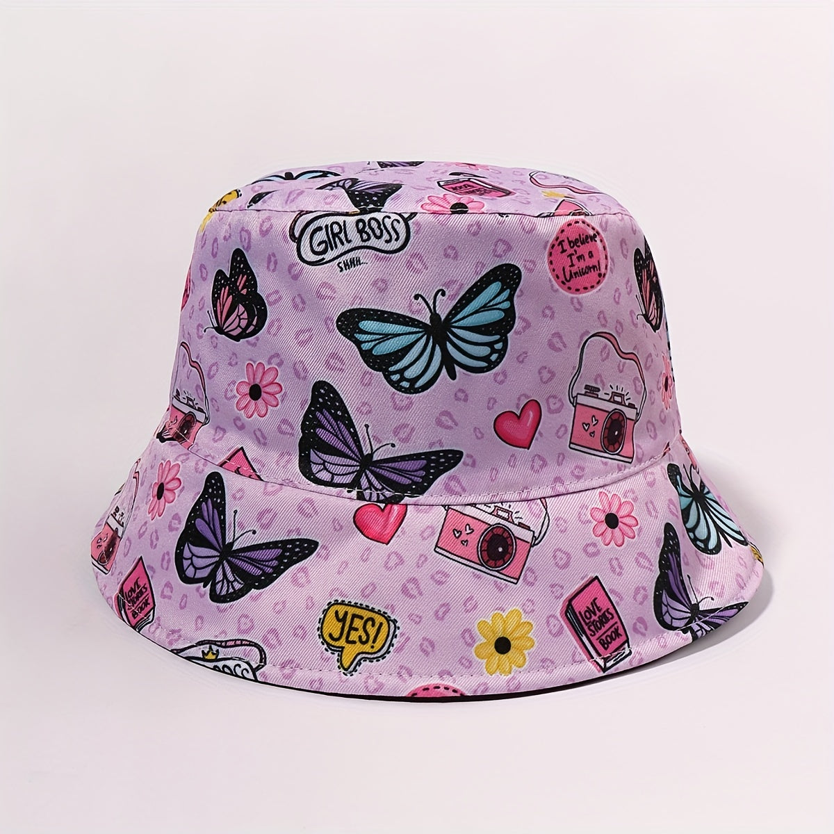 Pink Butterfly Print Reversible Bucket Hat Women Cloche Hat