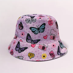 Pink Butterfly Print Reversible Bucket Hat Women Cloche Hat
