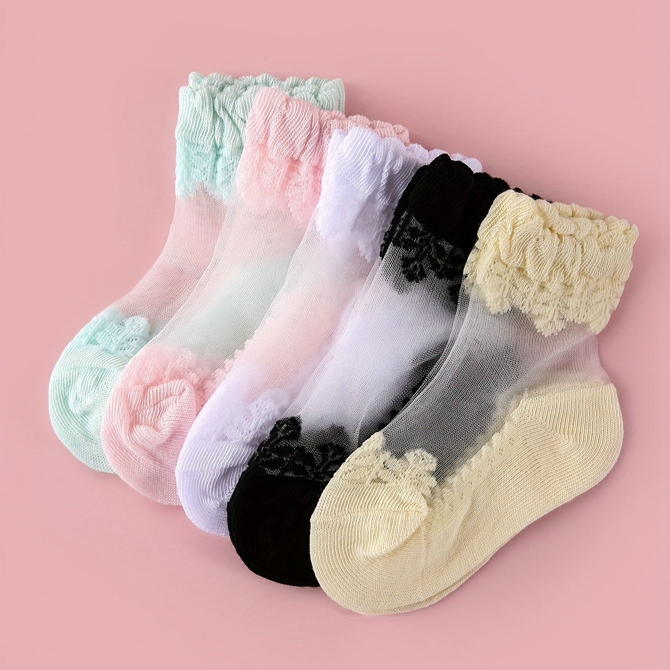 5pairs Girls Casual Lace Ruffled Socks Colorful Thin Breathable Summer