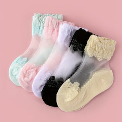 5pairs Girls Casual Lace Ruffled Socks Colorful Thin Breathable Summer