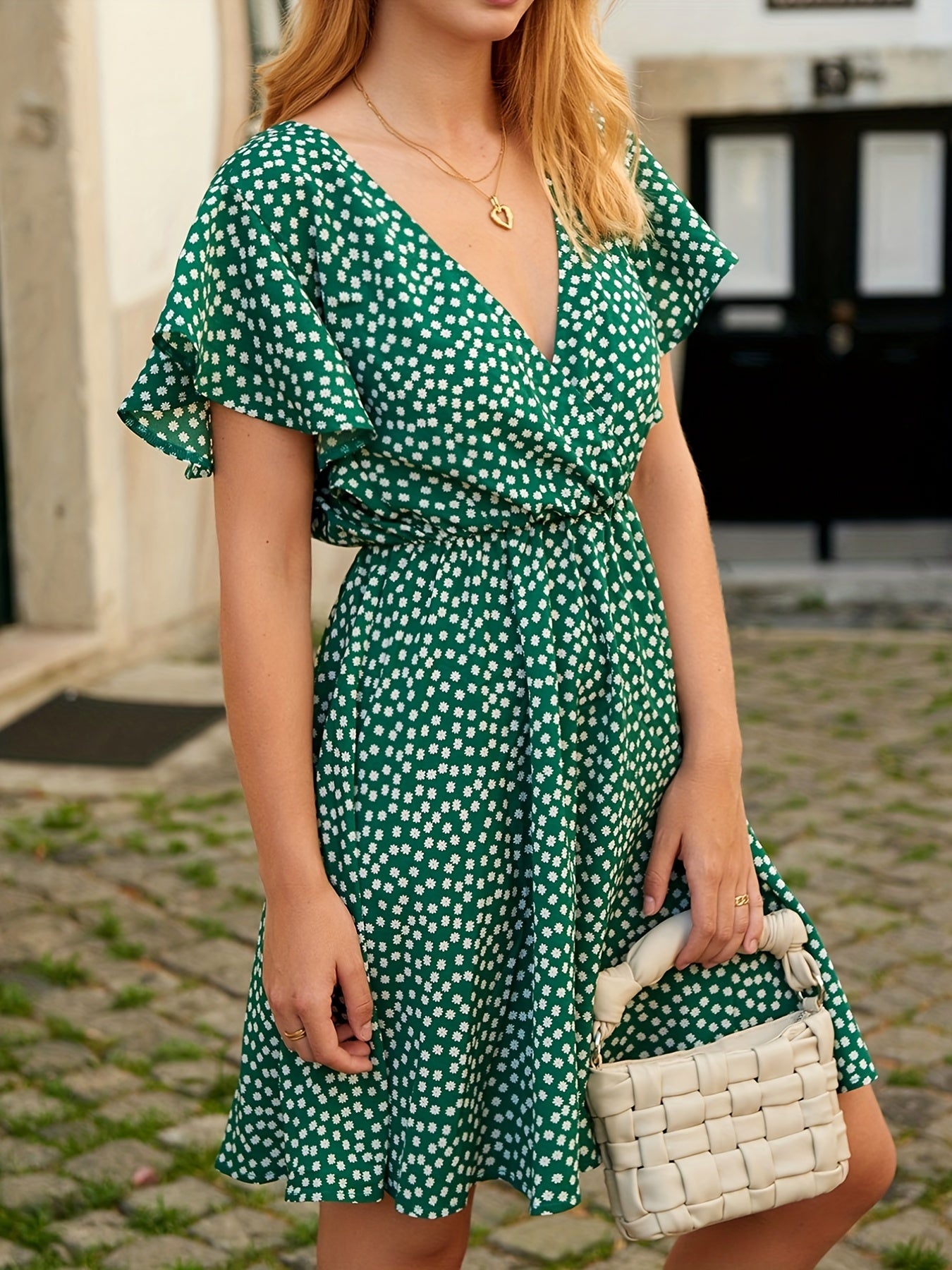 Polka Dot Flutter Sleeve Dress V Neck Casual Spring Summer Women's Clothing
