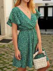 Polka Dot Flutter Sleeve Dress V Neck Casual Spring Summer Women's Clothing