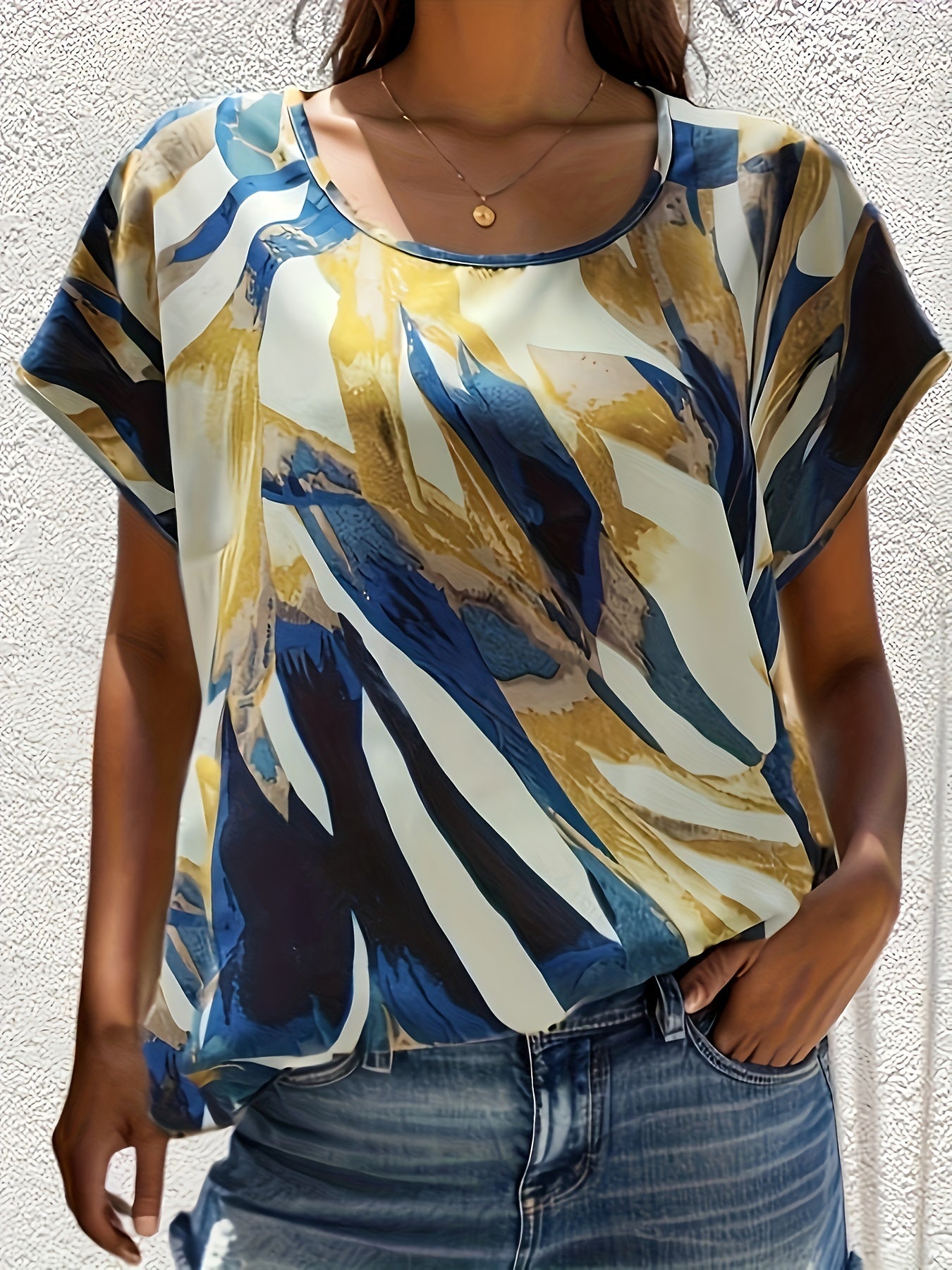 Leaf Print Round Neck Cap Sleeve Plus Size Casual Blouse