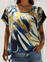 Leaf Print Round Neck Cap Sleeve Plus Size Casual Blouse