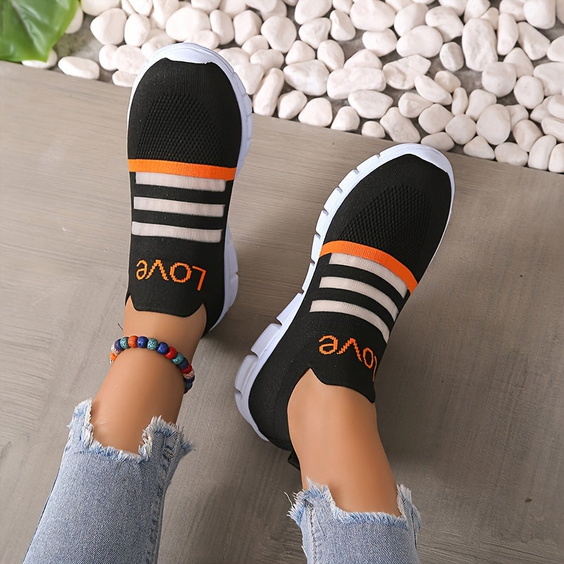 Women's Breathable Slip-On Sneakers LOVE Pattern Stripe Elastic Outdoor Shoes