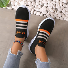 Women's Breathable Slip-On Sneakers LOVE Pattern Stripe Elastic Outdoor Shoes