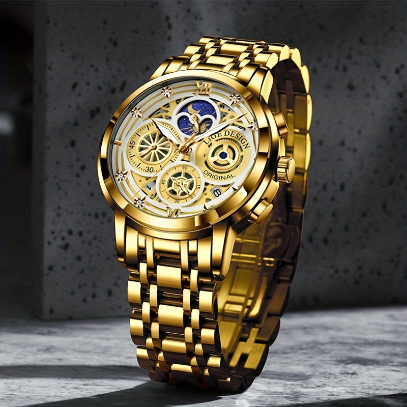 LIGE Boy's Sports Quartz Watch Full Steel Waterproof Chronograph