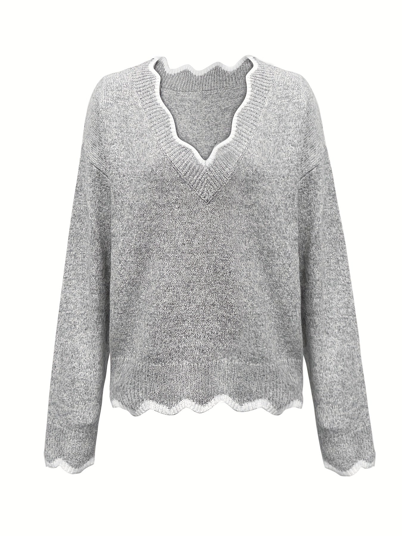 Scallop Trim Knit Sweater V Neck Long Sleeve Casual Women's Clothing