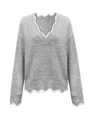 Scallop Trim Knit Sweater V Neck Long Sleeve Casual Women's Clothing
