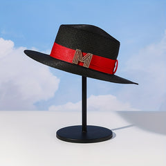 M Label Strap Sun Hat Flat Top Straw Jazz Hat British Style Vintage
