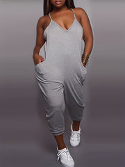 V Neck Spaghetti Jumpsuit Dual Pockets Sexy Summer Women's Clothing