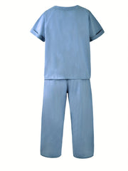 Solid Button Decor Top & Split Harem Pants Set