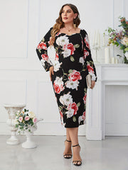 Floral Print Puff Sleeve Midi Dress