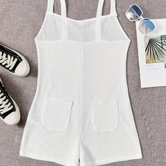 Sleeveless Waffle Pajama Romper with Pockets