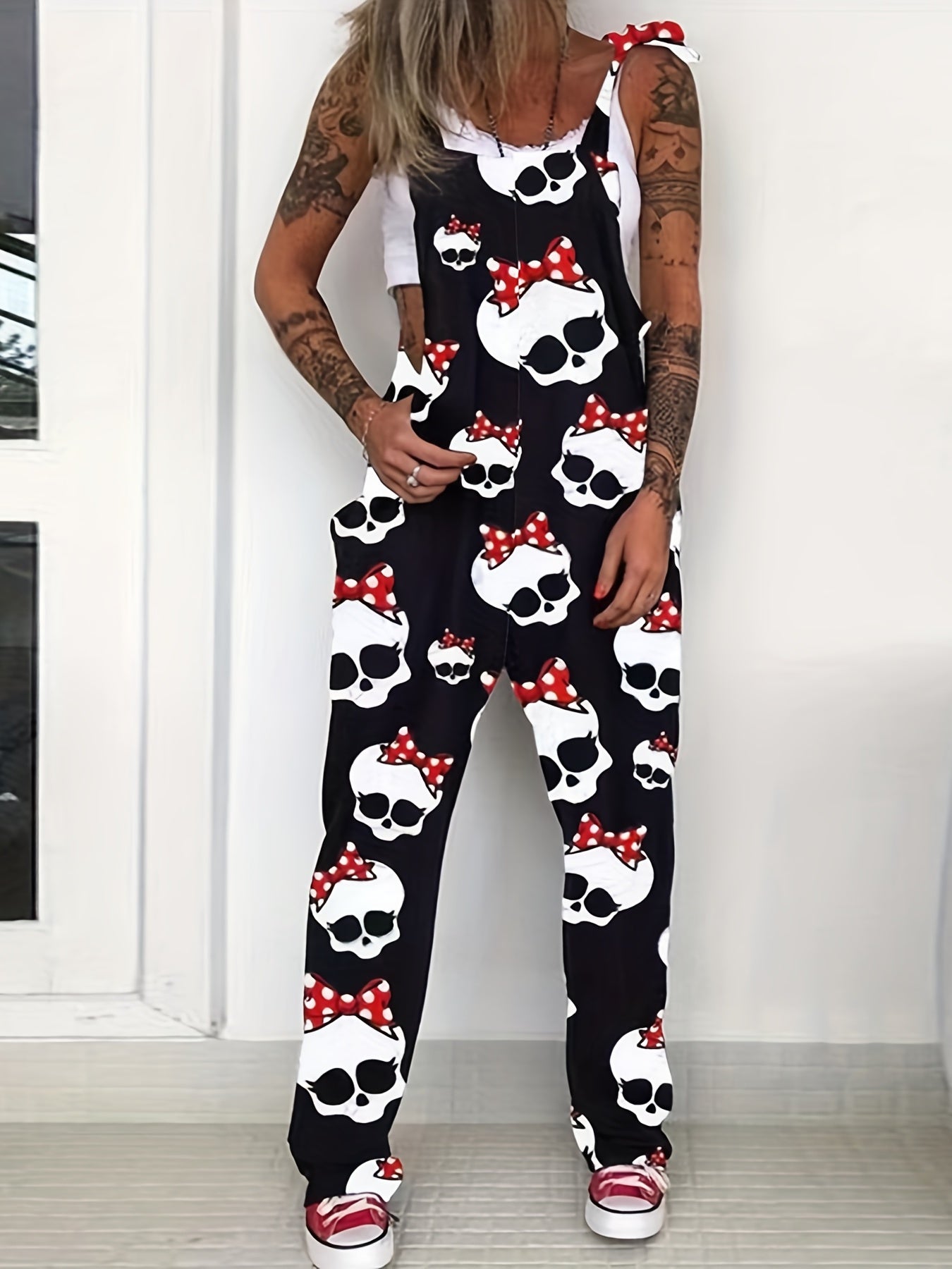 Floral Print Tie Shoulder Stretch Jumpsuit