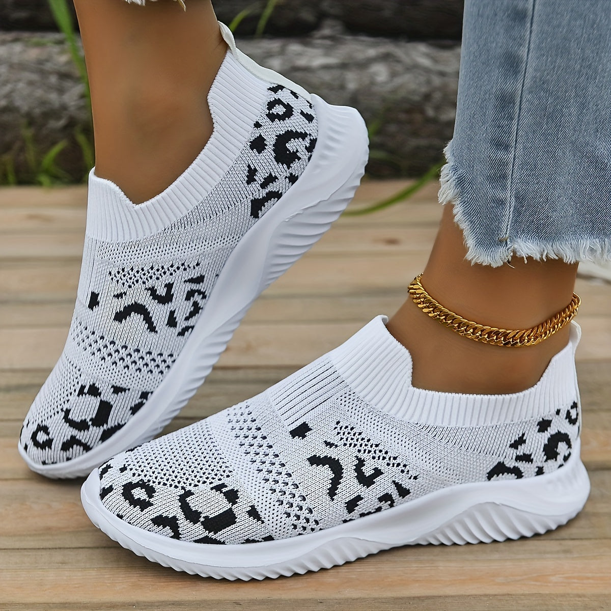 Leopard Print Slip On Sock Shoes Lightweight Sneakers
