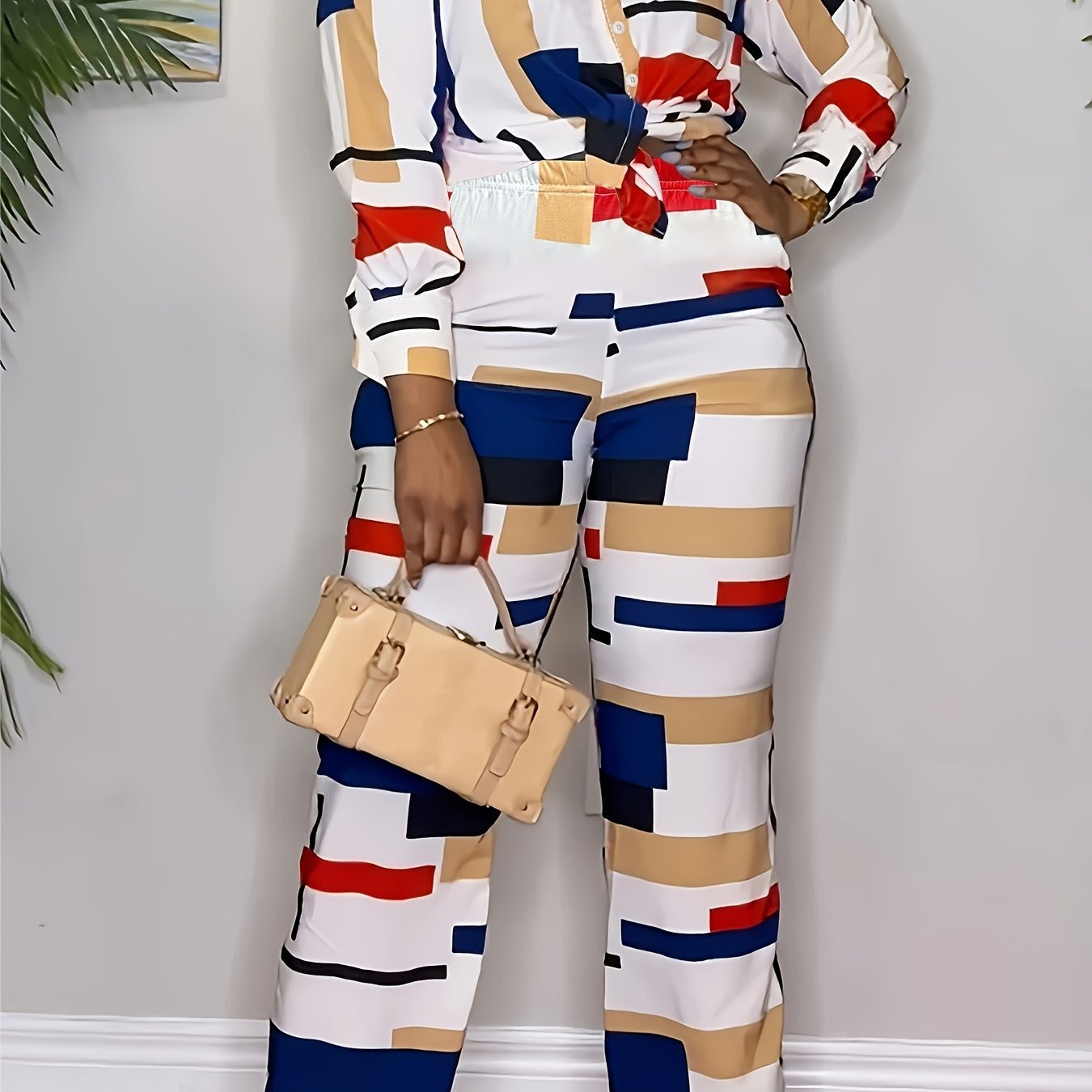 Geometric Print Button Up Blouse & Pants Set